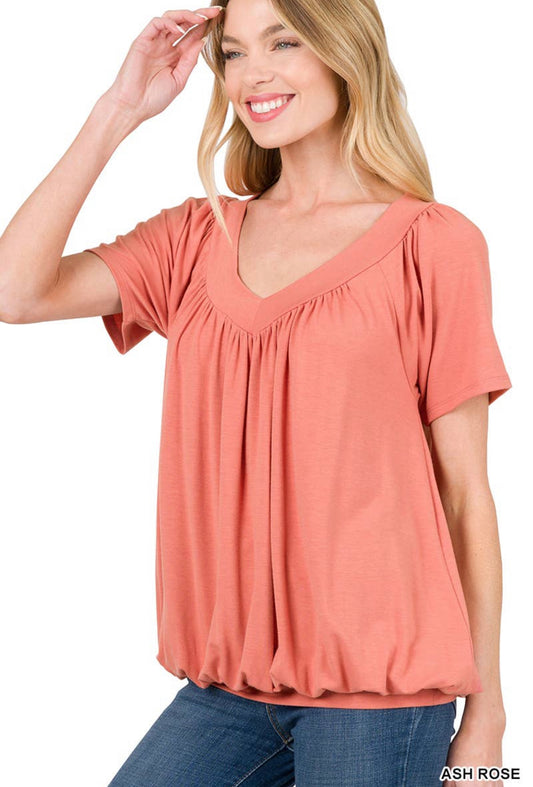 Oh Sherry! V-Neck Shirring Short Sleeve Top