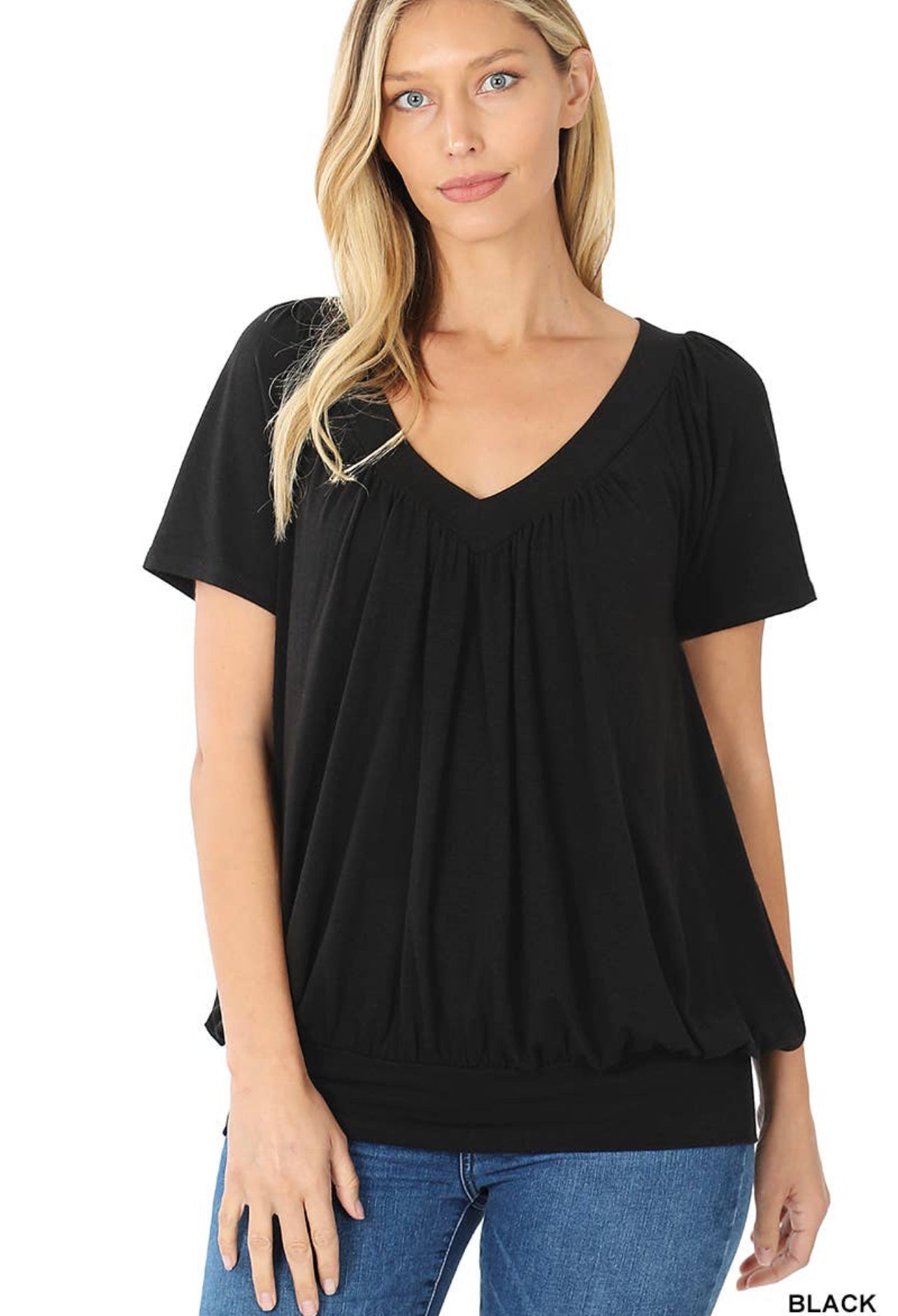 Oh Sherry! V-Neck Shirring Short Sleeve Top